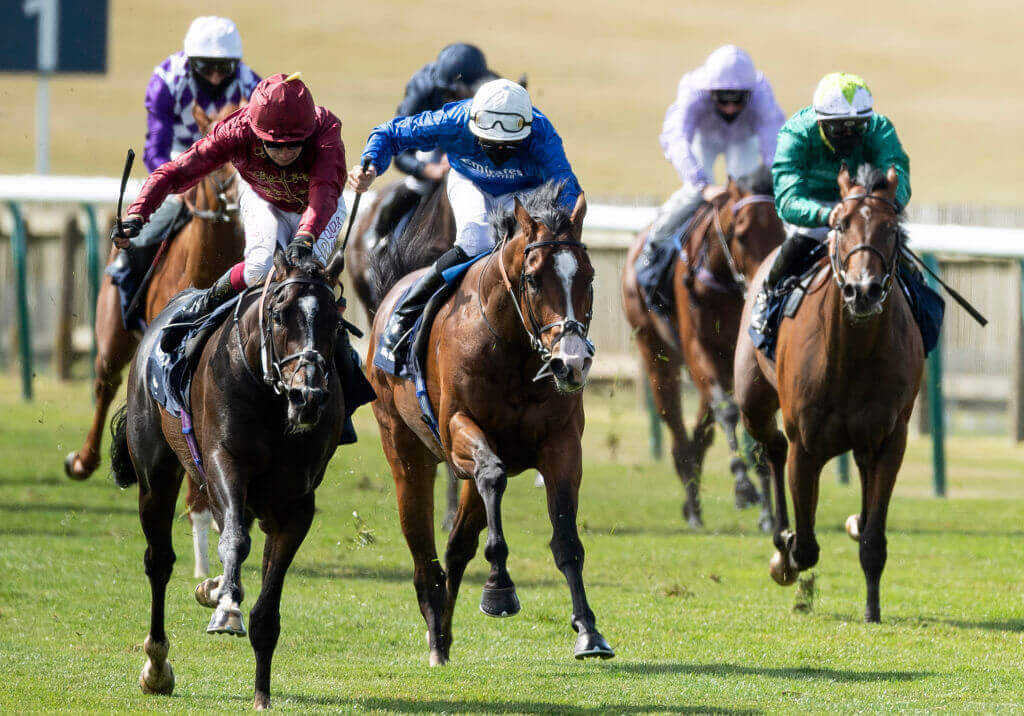 Kameko (l) ridde by Oisin Murphy beats Pinatubo (r) to win the 2000 Guineas at Newmarket.